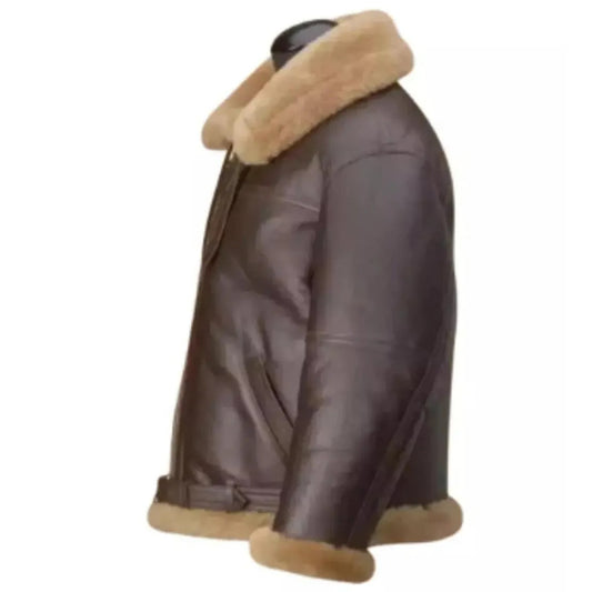 A dark brown leather aviator jacket with a thick beige shearling collar and matching shearling cuffs, displayed on a black mannequin torso against a white background.