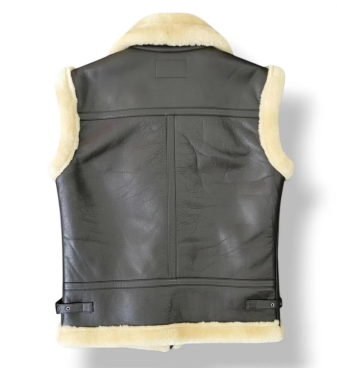 Black leather motorcycle vest with cream shearling lining, shown from the back on a white background.