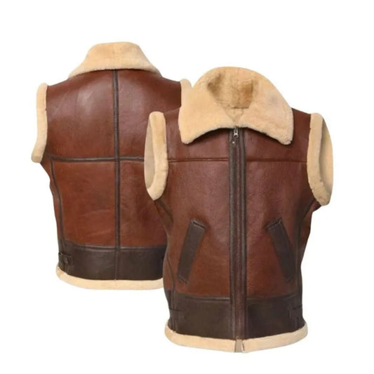 Brown leather aviator-style vest with beige shearling lining, shown from both front and back views on a white background.