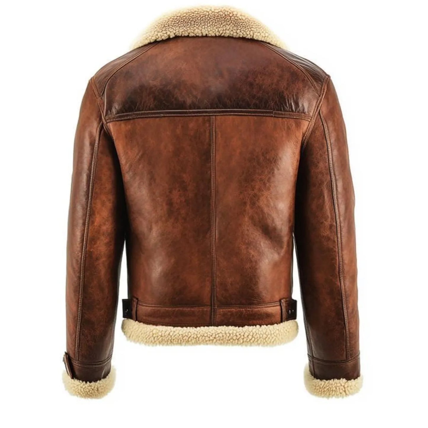 A brown leather aviator jacket with a cream-colored shearling lining, shown from the back against a plain white background.