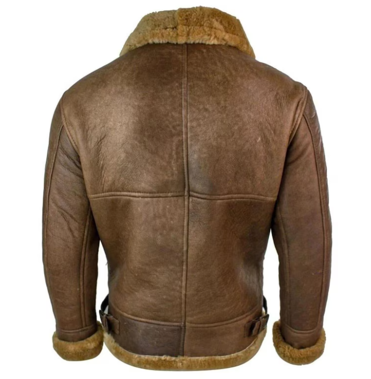 Brown leather aviator jacket with tan shearling lining, shown from the back on a white background.