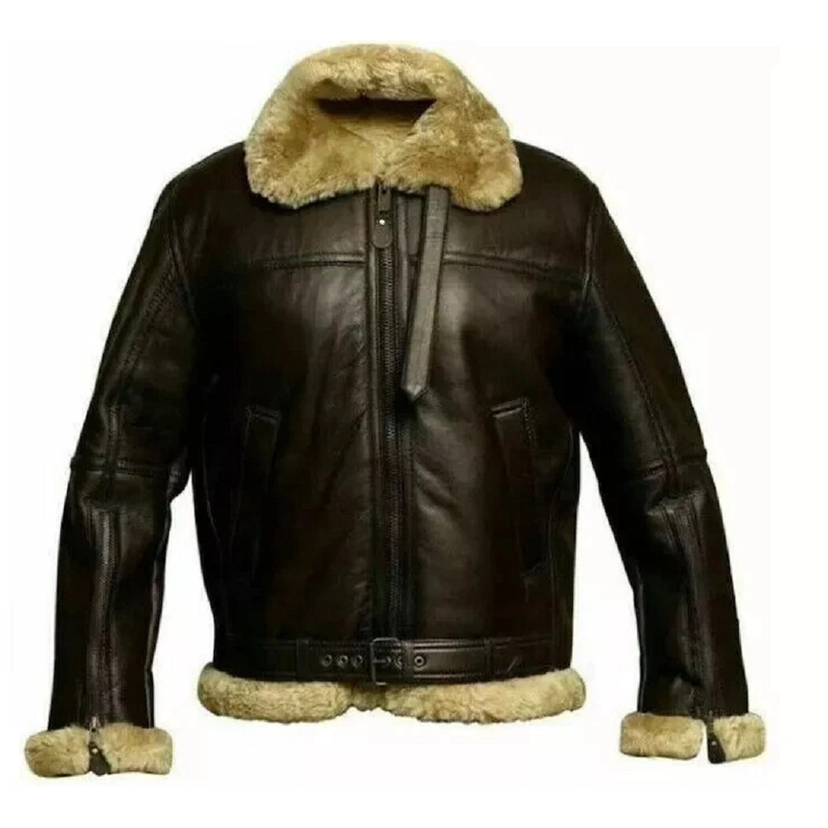 A dark brown leather aviator jacket with a thick beige shearling-style collar, hem, and cuffs, shown against a plain white background.