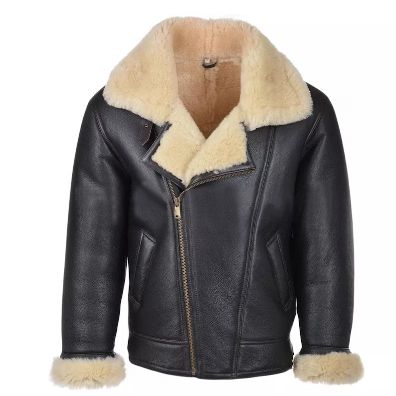 A black faux-leather aviator jacket with a thick beige shearling-style collar, lining, and cuffs, featuring a front zipper and snap-button closure, shown on a plain white background.