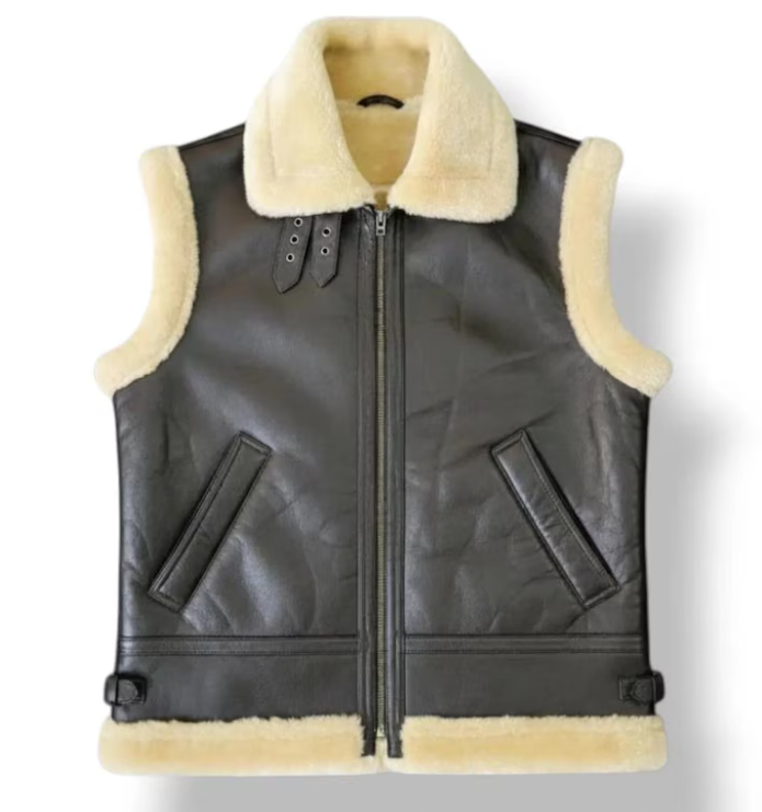 A black faux-leather vest with a cream-colored shearling-style collar, lining, and hem, shown flat against a white background.