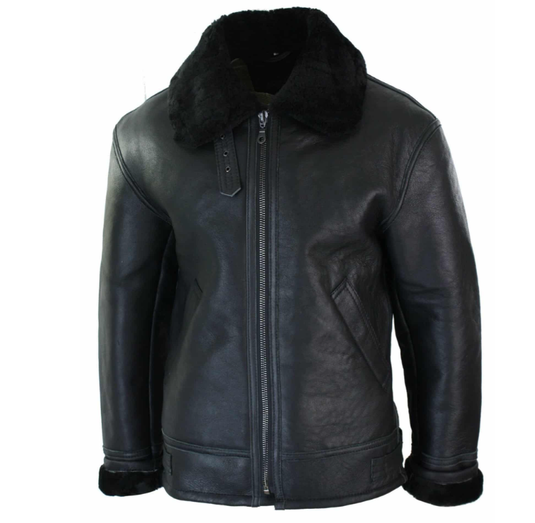 A black leather aviator jacket with a thick black faux-shearling collar, shown on a plain white background.