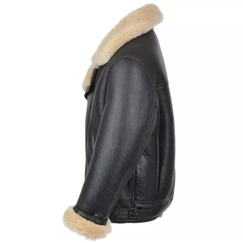 A black leather aviator jacket with a thick cream-colored shearling lining on the collar and cuffs, shown from a side profile view against a plain white background.