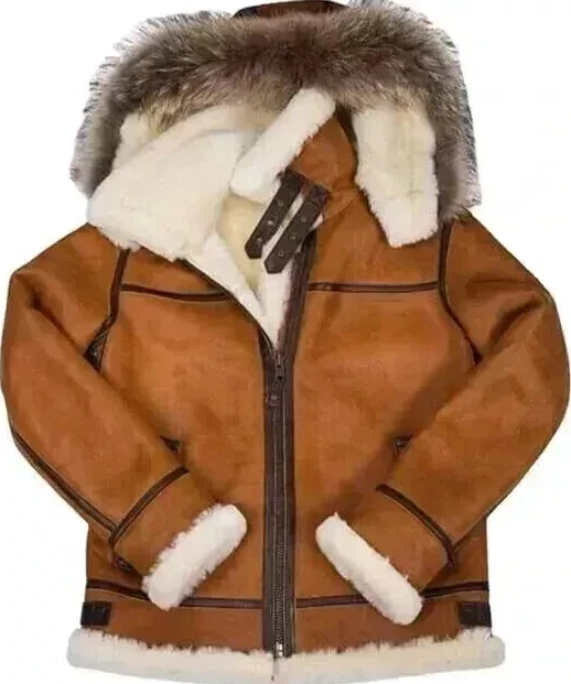 A brown faux-suede aviator jacket with a thick white shearling lining and a gray-brown faux-fur trimmed hood, shown against a plain white background.