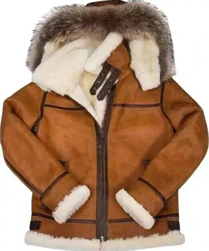 A brown faux-suede aviator jacket with a thick white shearling lining and a gray-brown faux-fur trimmed hood, shown against a plain white background.
