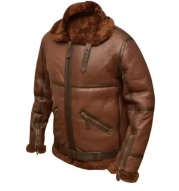 A brown leather aviator-style jacket with a plush brown fur or shearling-lined hood, ribbed leather trim, and a front zipper closure, shown on a plain white background.
