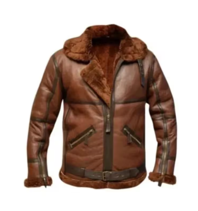 A brown leather aviator-style jacket with a thick brown faux-fur collar, lining, and cuffs, featuring a front zipper, zippered chest pockets, and a matching faux-fur belt, shown on a plain white background.