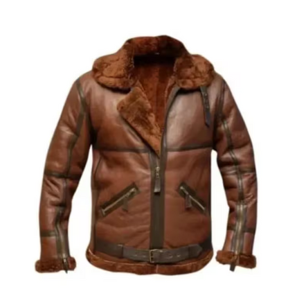 A brown leather aviator-style jacket with a thick brown faux-fur collar, lining, and cuffs, featuring a front zipper, zippered chest pockets, and a matching faux-fur belt, shown on a plain white background.