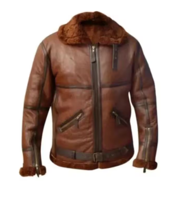 A brown leather aviator jacket with a brown faux-fur collar, cuffs, and hem, featuring a front zipper, zippered chest pockets, and a matching leather belt, shown on a plain white background.