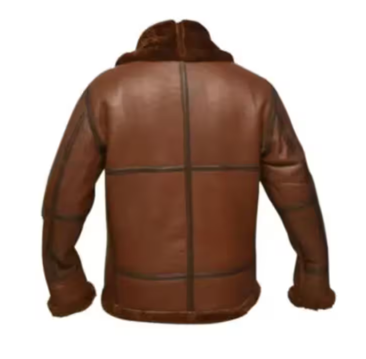 A brown leather jacket with dark brown faux fur trim on the hood and cuffs, shown from the back against a plain white background.