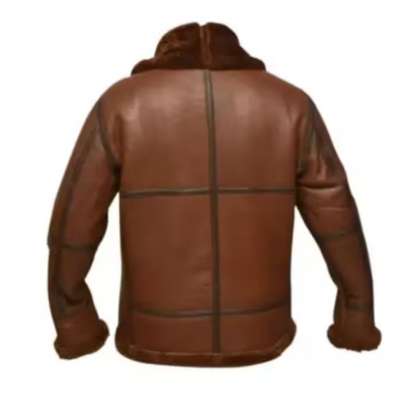 A brown leather jacket with dark brown faux fur trim on the hood and cuffs, shown from the back against a plain white background.