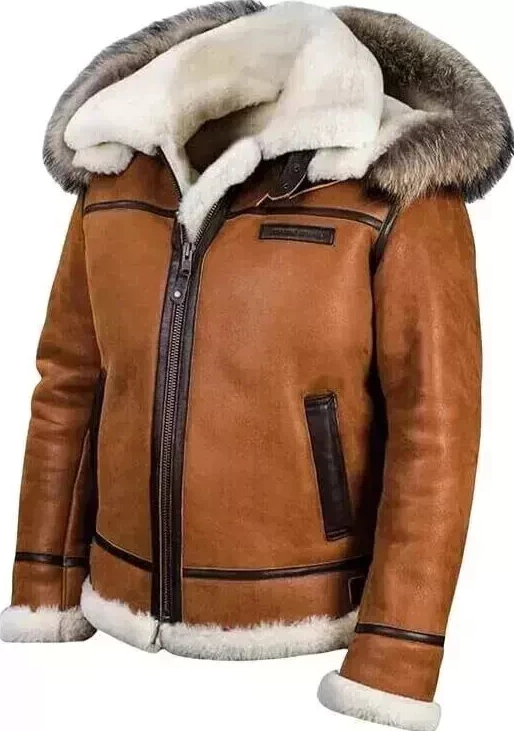 A brown shearling and fur-trimmed aviator-style jacket with a front zipper, black trim, and white shearling lining, shown on a plain white background.