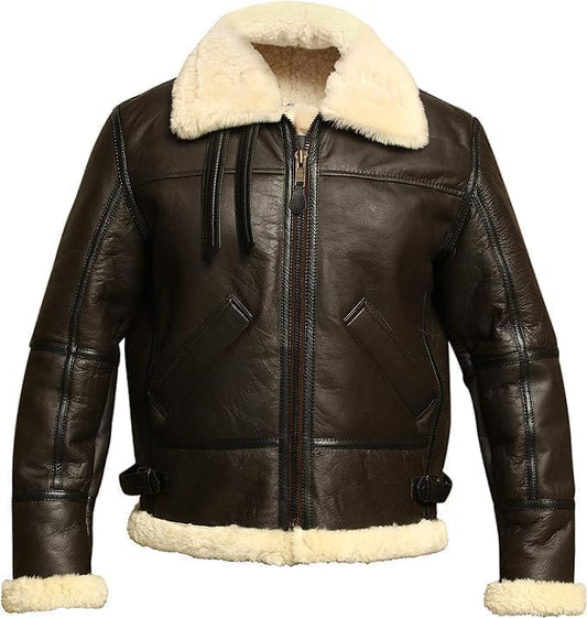 A dark brown leather aviator-style jacket with a thick cream-colored shearling lining on the collar, cuffs, and hem, shown against a plain white background.