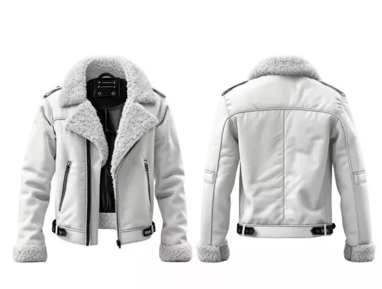 A light gray faux-leather biker jacket with a thick gray sherpa fleece lining, shown from both the front and back views against a plain white background.