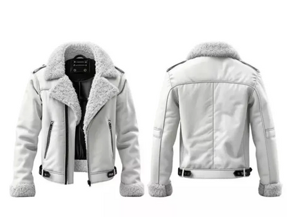 A light gray faux-leather biker jacket with a thick gray sherpa fleece lining, shown from both the front and back views against a plain white background.