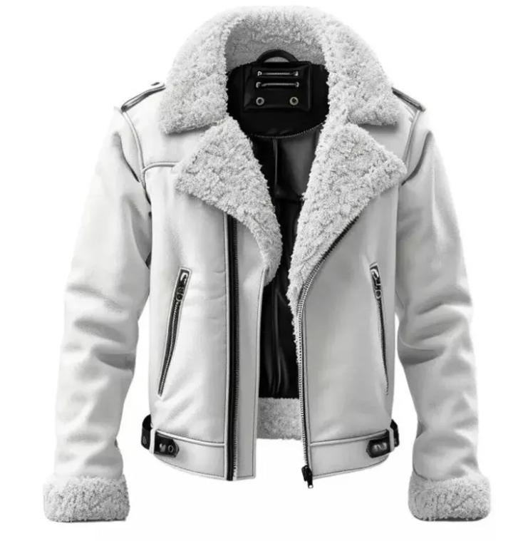 A light gray faux-leather biker jacket with a thick white sherpa lining on the collar, cuffs, and hem, shown on a plain white background.