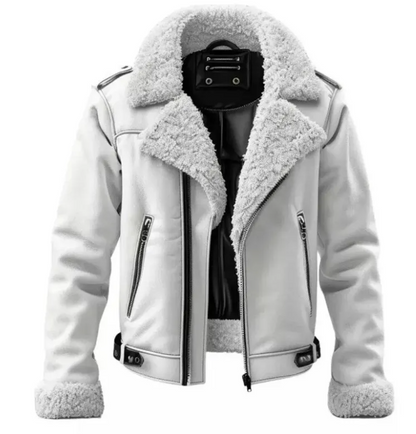 A light gray faux-leather biker jacket with a thick white sherpa lining on the collar, cuffs, and hem, shown on a plain white background.