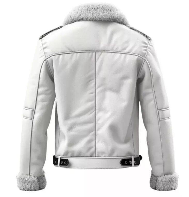 A light gray faux-leather jacket with a gray faux-fur collar, cuffs, and a matching belt, shown from the back on a white background.