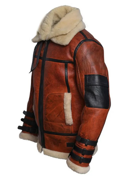 A brown leather aviator jacket with a thick cream-colored shearling lining on the hood, cuffs, and pockets, shown from a three-quarters angle against a white background.