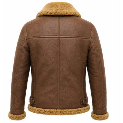Brown shearling-lined aviator jacket shown from the back, featuring a tan fleece collar, hem, and cuffs, photographed on a solid white background.