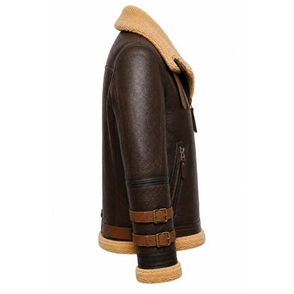 A dark brown leather aviator jacket with a tan shearling lining, shown from a side profile view against a plain white background.