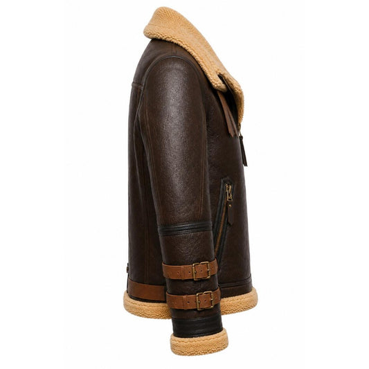 A dark brown leather aviator jacket with a tan shearling lining, shown from a side profile view against a plain white background.