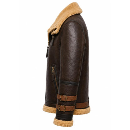 A dark brown leather aviator jacket with a tan shearling lining, shown from a side profile view against a plain white background.