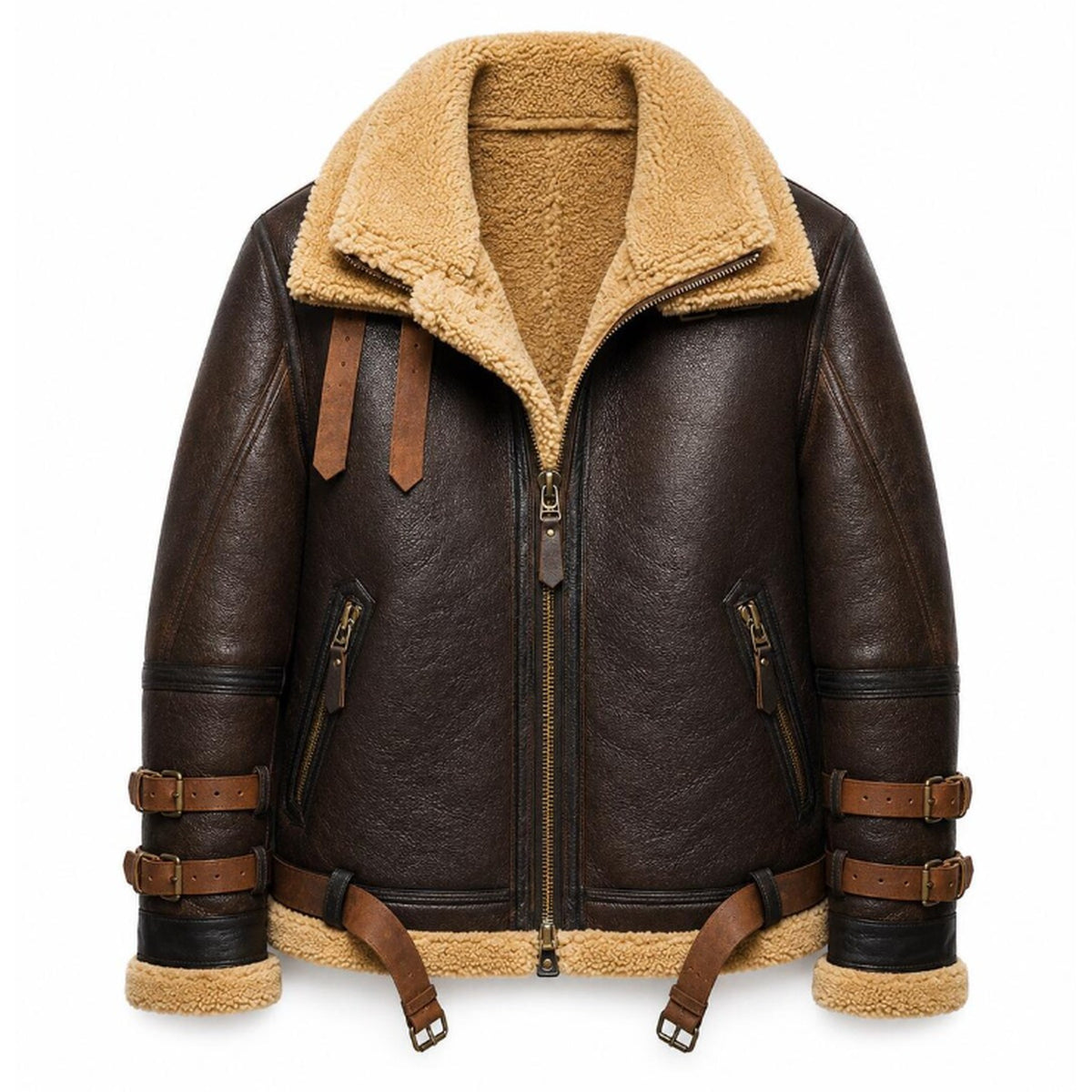 A dark brown aviator-style shearling jacket with a tan fleece lining, front zipper, and decorative brown leather straps on the cuffs and waist, shown on a plain white background.