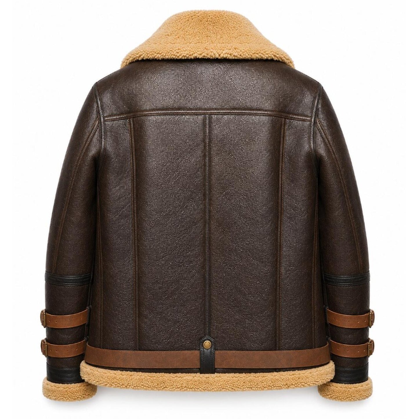 A dark brown leather aviator jacket with a tan shearling lining, shown from the back on a white background.