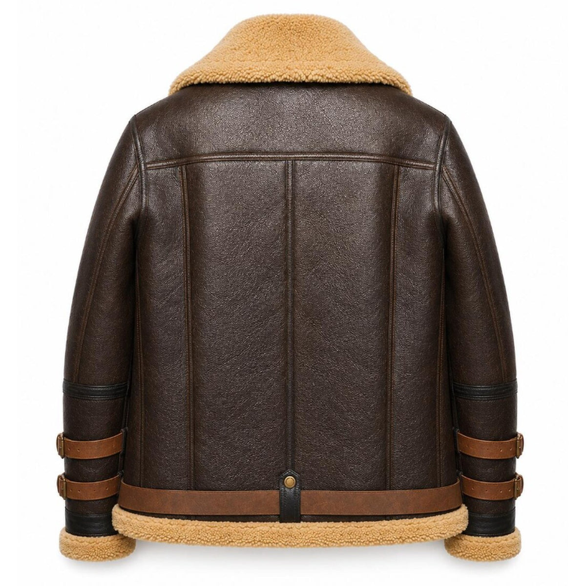 A dark brown leather aviator jacket with a tan shearling lining, shown from the back on a white background.