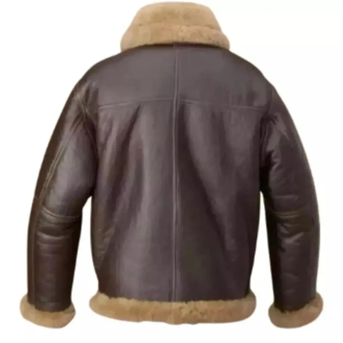 A dark brown leather aviator jacket with light tan shearling lining on the collar, cuffs, and hem, shown from the back against a plain white background.