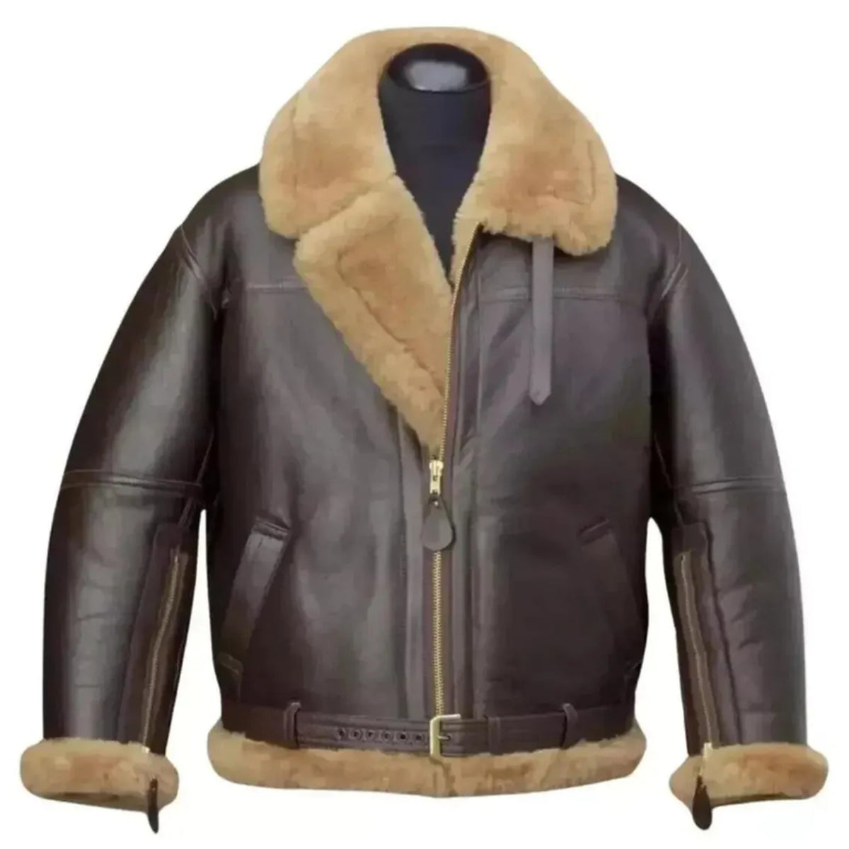 A dark brown leather aviator jacket with a thick tan shearling lining on the collar, cuffs, and hem, displayed on a black mannequin torso against a white background.