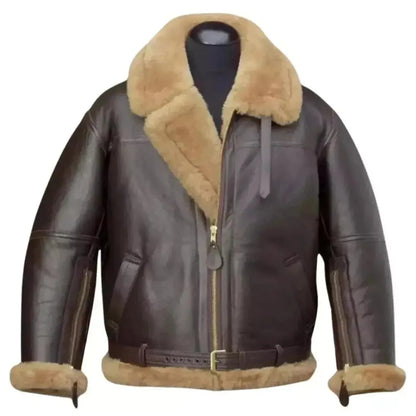A dark brown leather aviator jacket with a thick tan shearling lining on the collar, cuffs, and hem, displayed on a black mannequin torso against a white background.