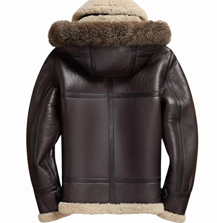 A dark brown leather hooded jacket with a beige shearling lining and a brown faux-fur trimmed hood, shown from the back on a white background.