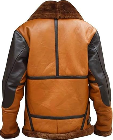 A brown and black leather aviator-style jacket with a brown faux-fur collar and lining, shown from the back on a white background.