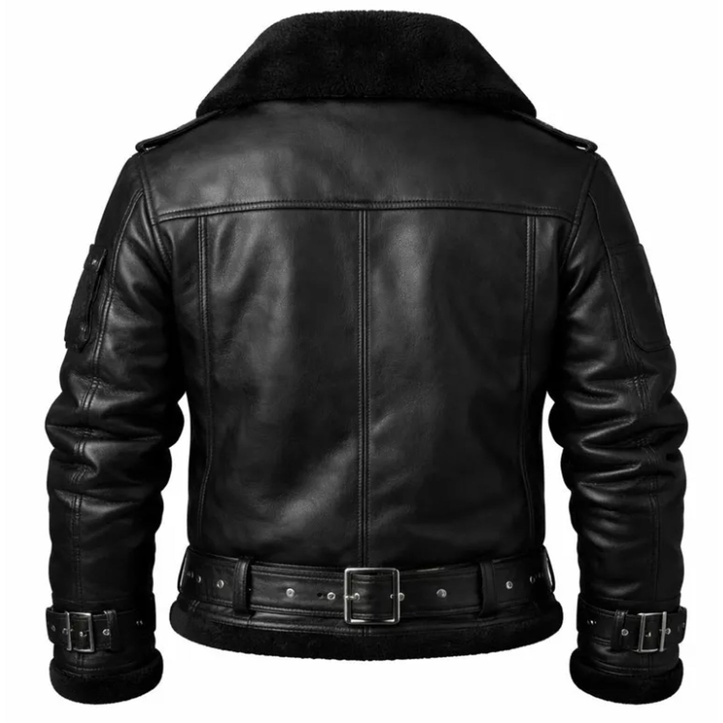 Black leather aviator jacket with a plush black shearling-style collar, shown from the back on a white background.