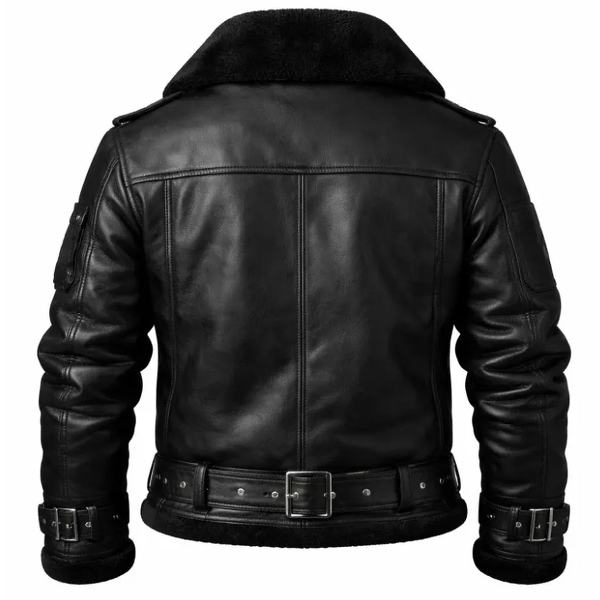 Black leather aviator jacket with a plush black shearling-style collar, shown from the back on a white background.