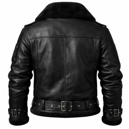 Black leather aviator jacket with a plush black shearling-style collar, shown from the back on a white background.
