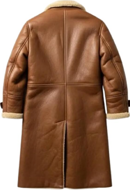 A brown leather coat shown from the back, featuring a warm tan shearling lining visible at the collar and cuffs, set against a plain white background.