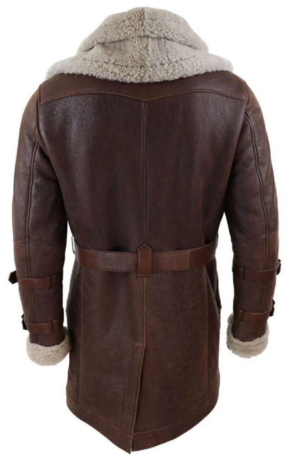 A dark brown leather shearling coat shown from the back, featuring a thick beige shearling lining on the hood and cuffs, with a matching leather belt at the waist.