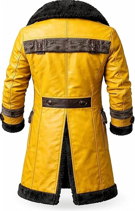 Backprofileofmen_syellowleatherlongjacketshowingdarkbackpanelstrapandsplitventhem