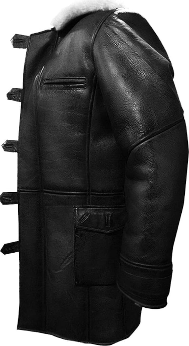 A black leather aviator-style jacket with toggle closures and a light-colored shearling collar, shown on a plain white background.