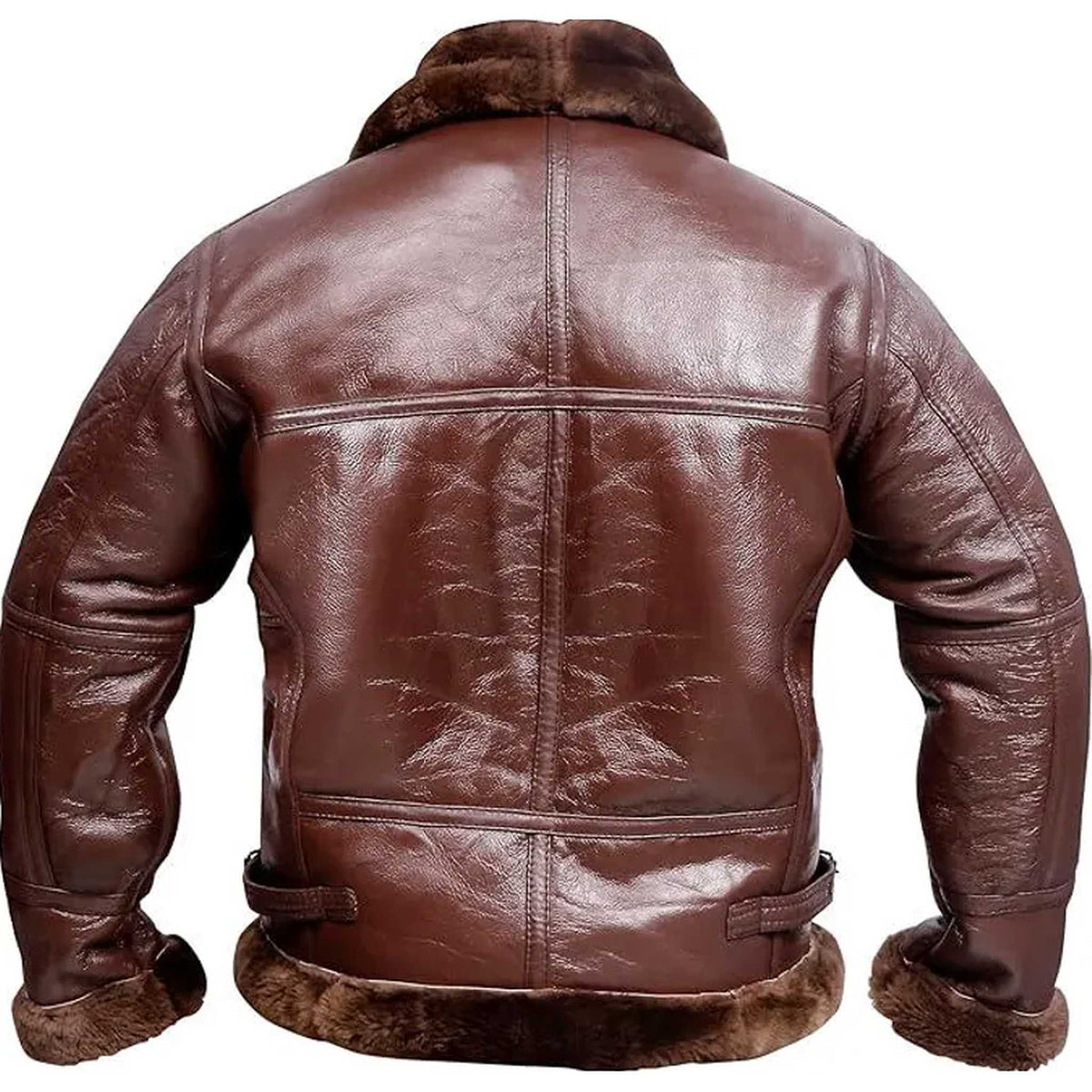 Brown leather aviator jacket with a thick brown faux fur collar, cuffs, and hem, shown from the back on a white background.
