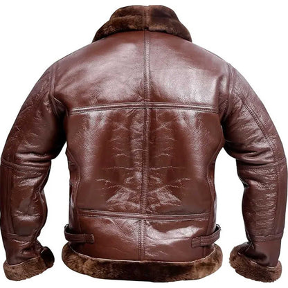 Brown leather aviator jacket with a thick brown faux fur collar, cuffs, and hem, shown from the back on a white background.
