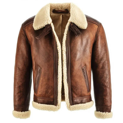 A brown leather aviator-style jacket with a thick cream-colored shearling lining on the collar, cuffs, and front opening, shown against a plain white background.