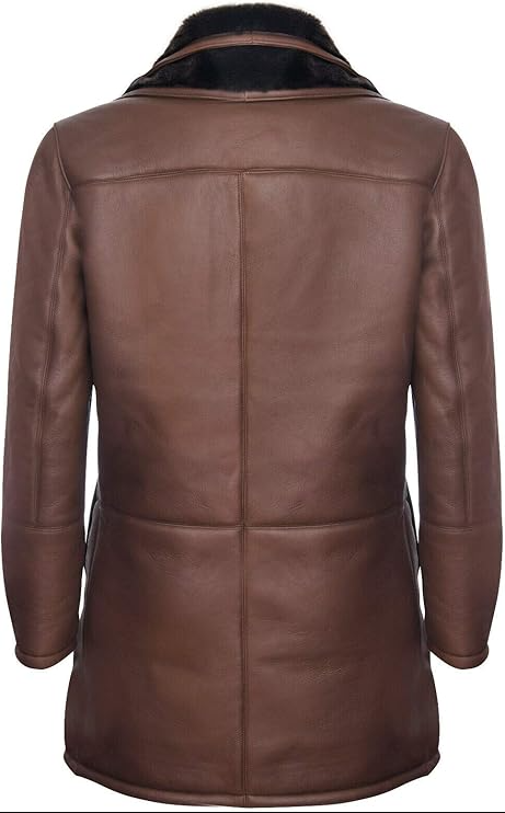 A brown leather jacket with a black faux-fur collar, shown from the back against a plain white background.
