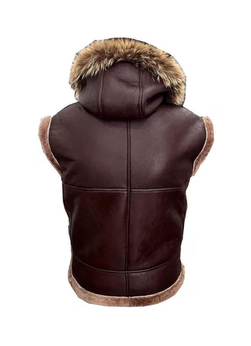 A dark brown faux-leather hooded vest with a brown faux-fur trimmed hood and lining, shown from the back on a white background.